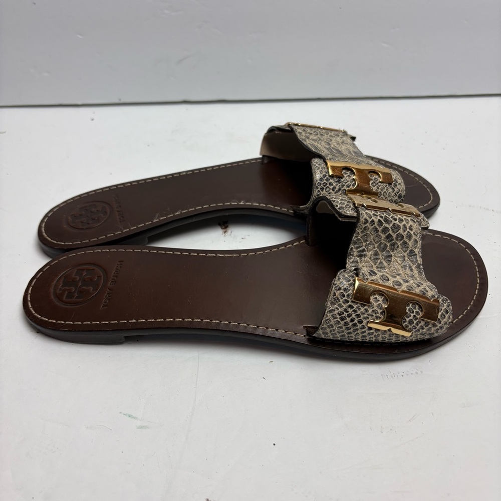 Tory Burch Gail-Pitone Rocha Snake Sandals Slides Gray Leather Size 10 - Picture 5 of 9